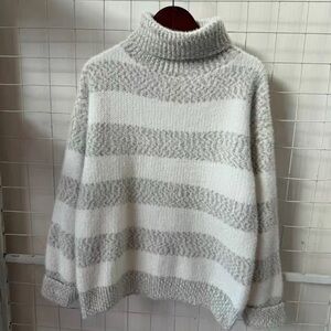 Cozy Striped Turtleneck Sweater - Gray and White